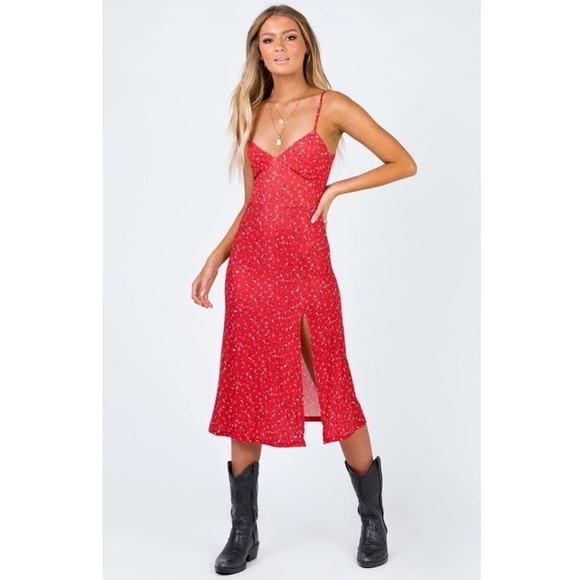 𝅺Princess polly red floral midi dress side slit Nwot - Picture 1 of 3